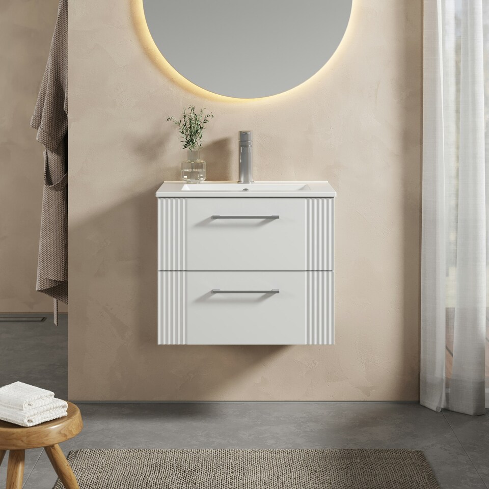 image 1 of Retro 2 Drawer Wall Hung Vanity Unit with Minimalist 1 Tap Hole Ceramic Basin - 600mm - Satin White - Balterley White