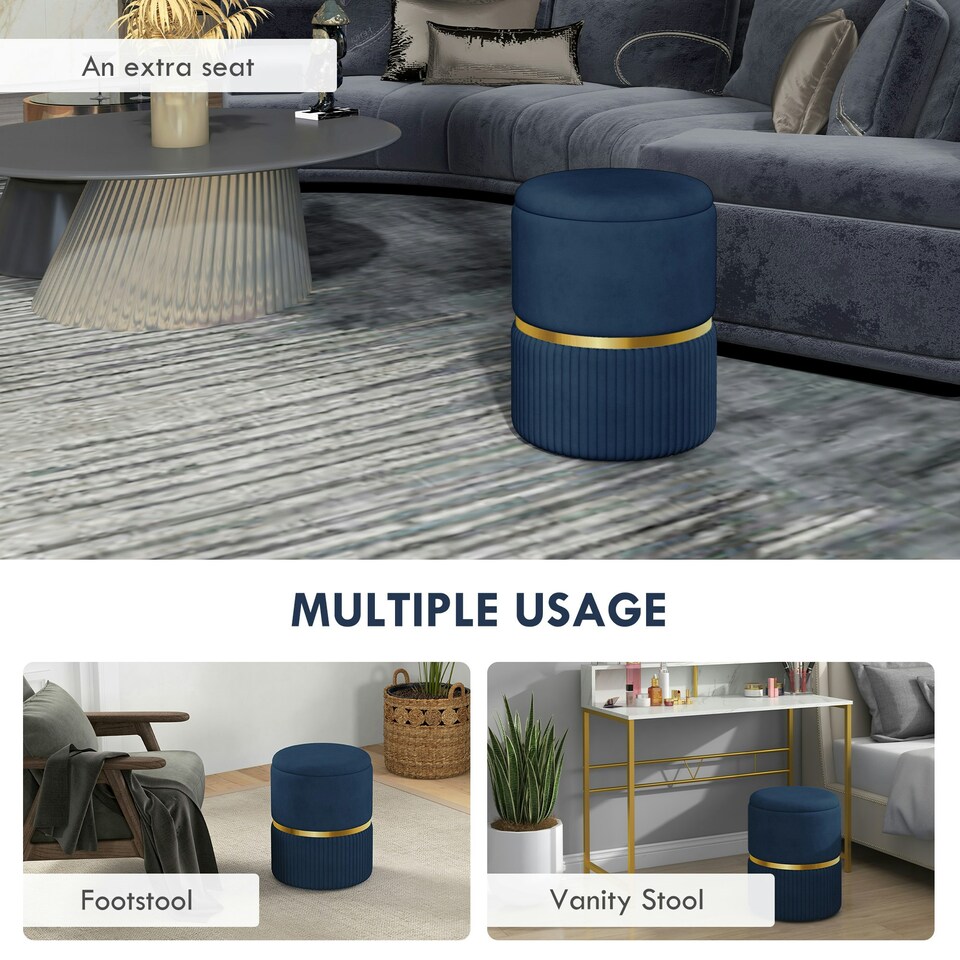 image 1 of HOMCOM Round Pouffe Storage Footstool with Cushioned Top Hidden Space Blue