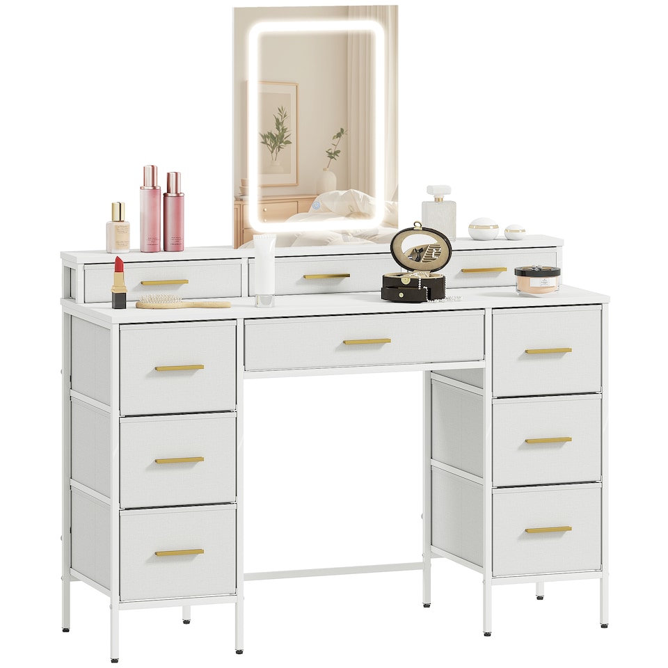 image 1 of HOMCOM Dressing Table with LED Lighting Mirror and 10 Drawers, White | Black