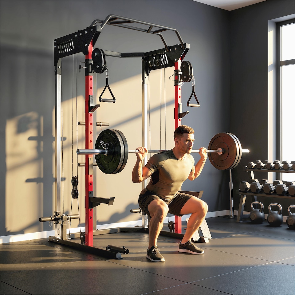 image 1 of SPORTNOW Power Cage Power Rack with Adjustable Cable Pulley System Landmine