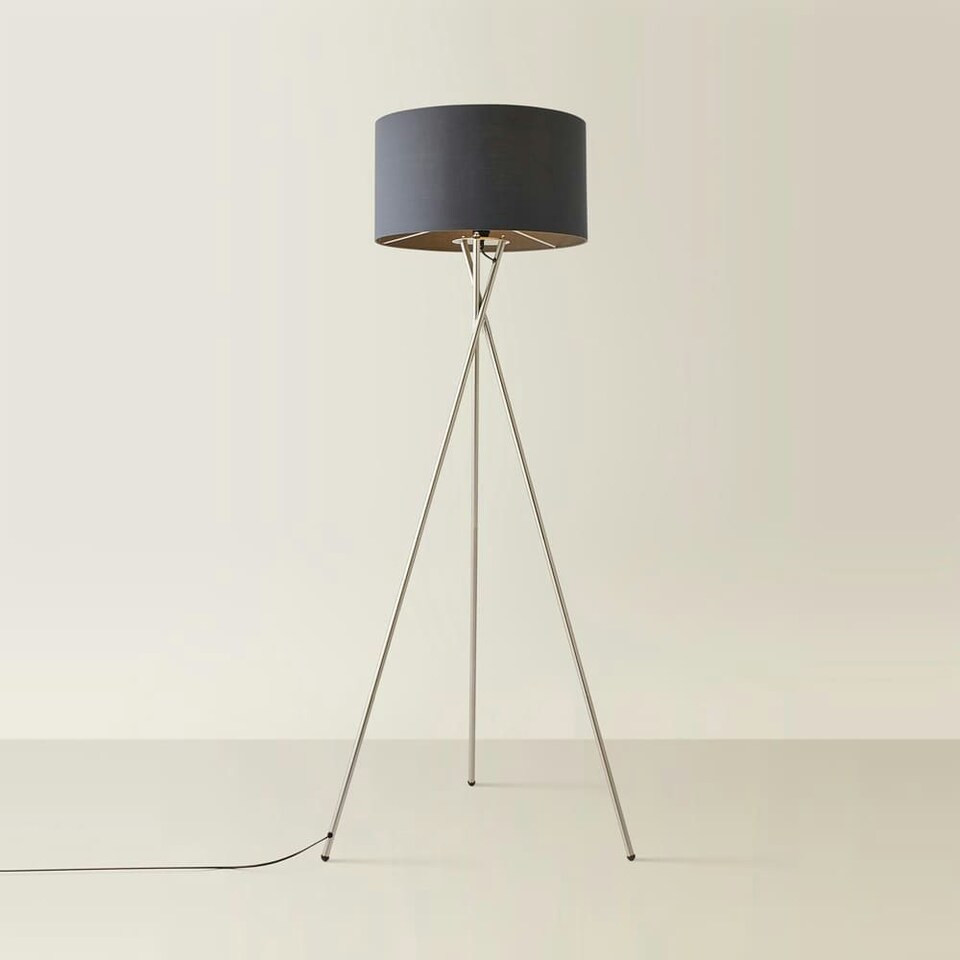 image 1 of ValueLights Camden Brushed Chrome Tripod Floor Lamp Charcoal Shade & Bulb | Grey