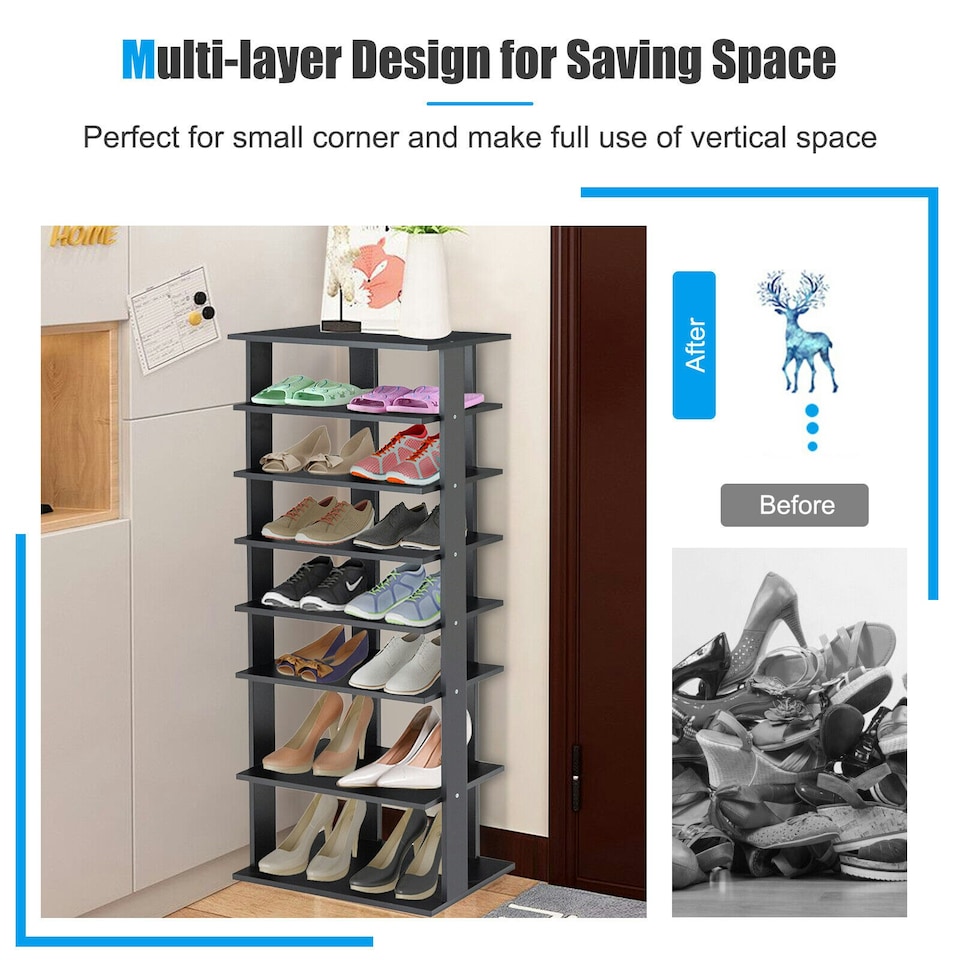 image 1 of COSTWAY 7-tier Double Shoe Storage Tower Rack Stand Black Black