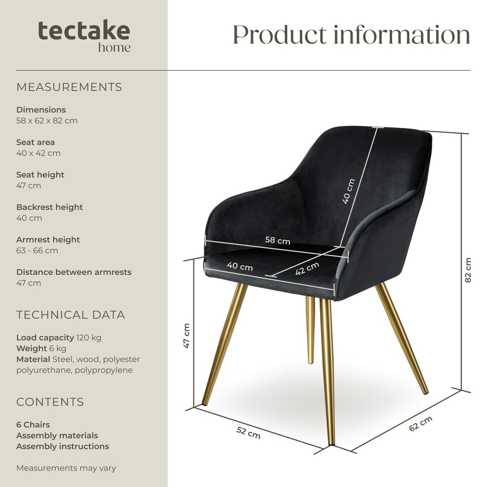 image 1 of Chair Marilyn - with armrests, padded, velvet look, golden steel legs - Set of 6 Black | Black/Gold