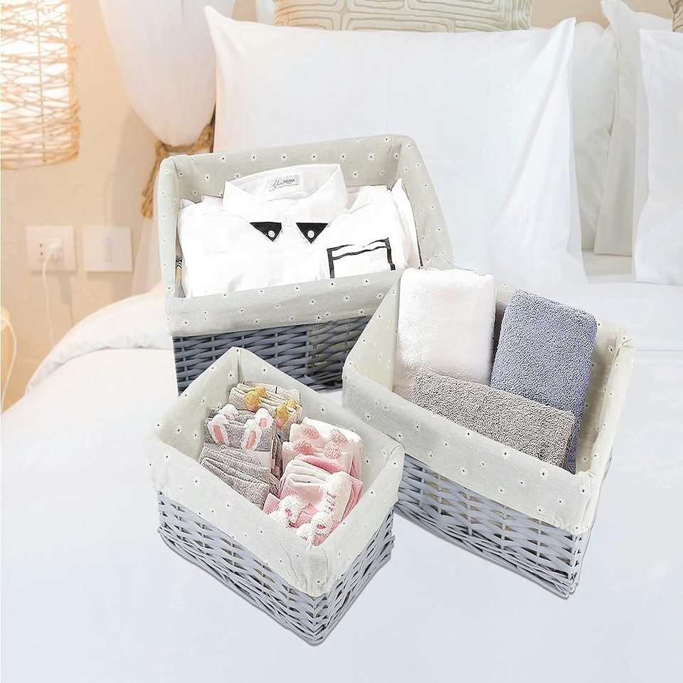 image 1 of Marco Paul Set of 3 Grey Storage Baskets Decorative Storage Boxes Wicker Basket Grey