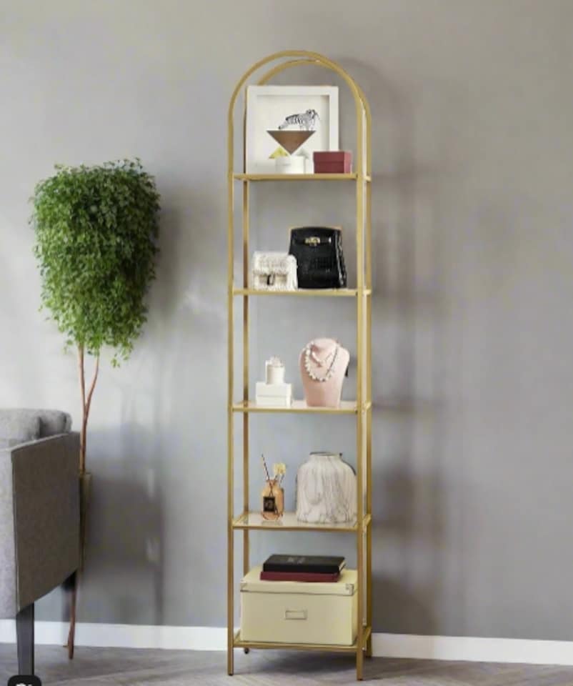 image 1 of 5-Tier Tempered Glass Shelf Unit, Arched Display Rack, Metallic Gold Frame 183.5 cm
