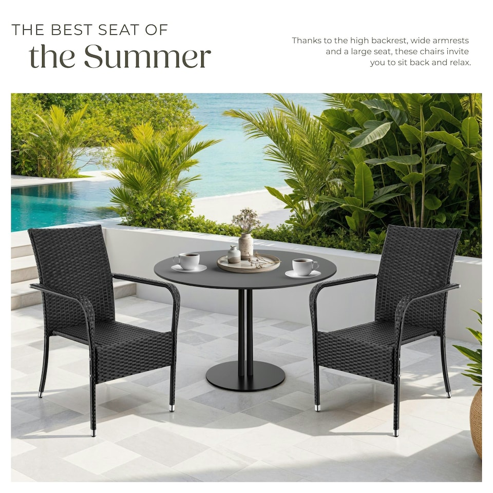 image 1 of Garden Chair Girona - polyrattan & steel, weather & sun resistant, stackable - Set of 2 Black