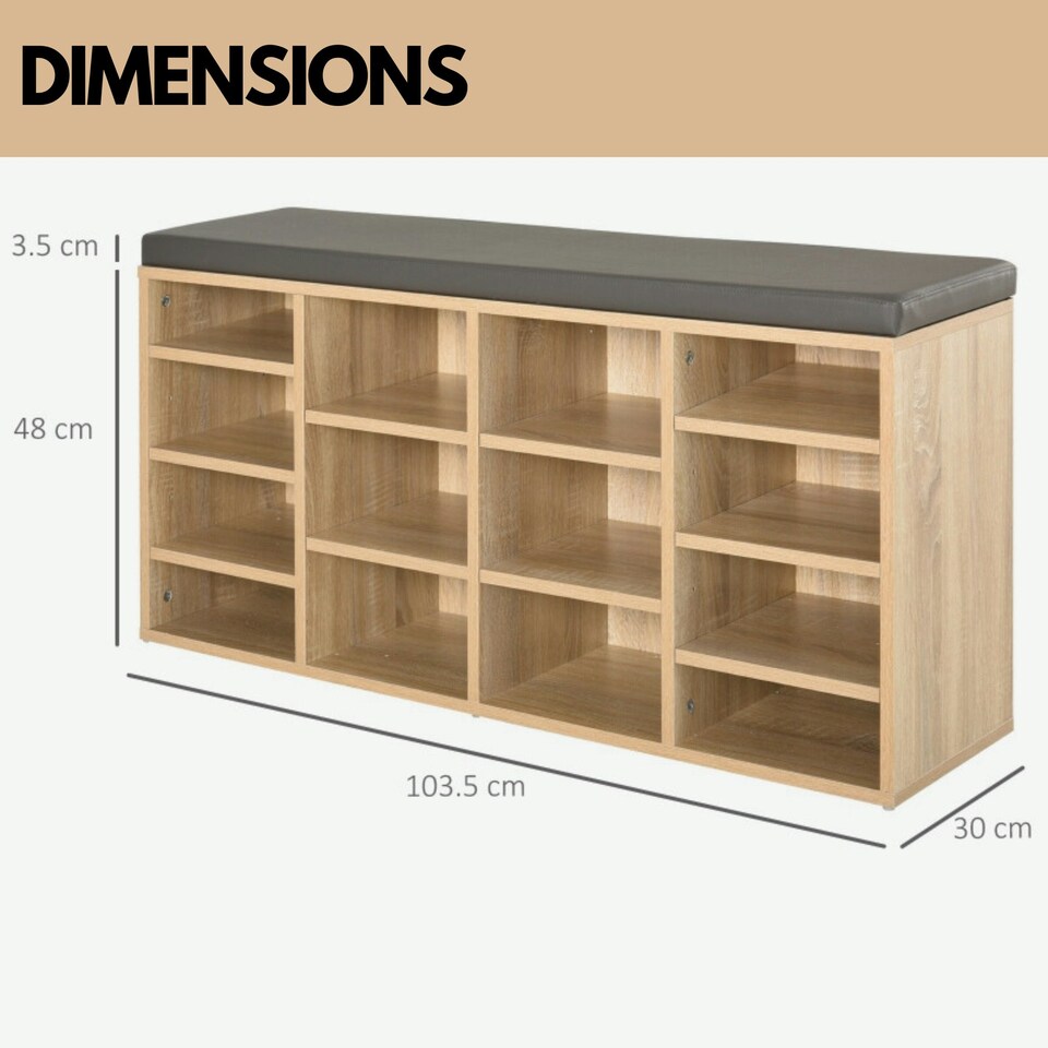 image 1 of Industrial Shoe Storage Bench With Cushion Seat With 14 Compartments Brown