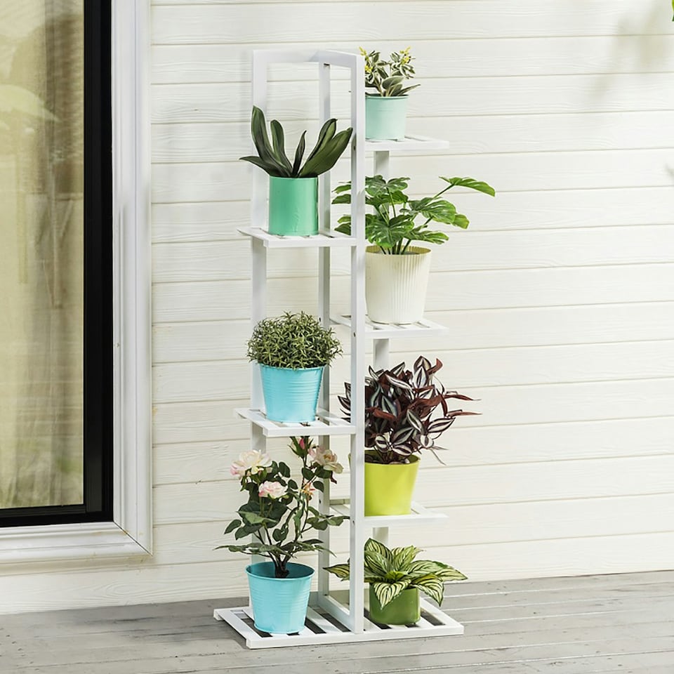 image 1 of Living and Home Wooden Multi-Tiered Potted Plant Stand - White