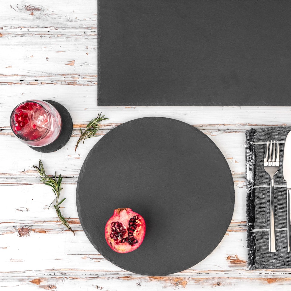 image 1 of Argon Tableware 13pc Slate Platter, Round Placemats & Coasters Set - Black Natural Stone Dinnerware Plate Placemats Drink Mats | Grey | Grey | One Size | 13
