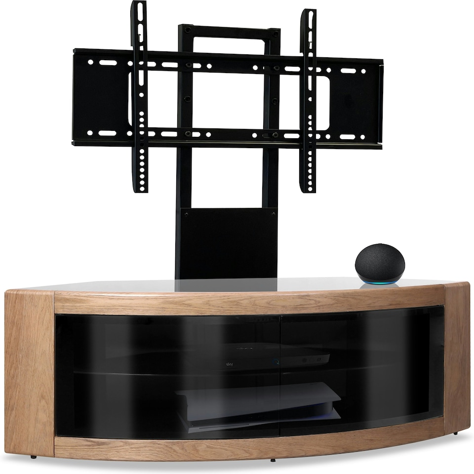 image 1 of Centurion Supports PANGEA Black/Oak Beam-Thru Curved True-Corner 32"-50" TV Cabinet with Mounting Arm Black | Oak