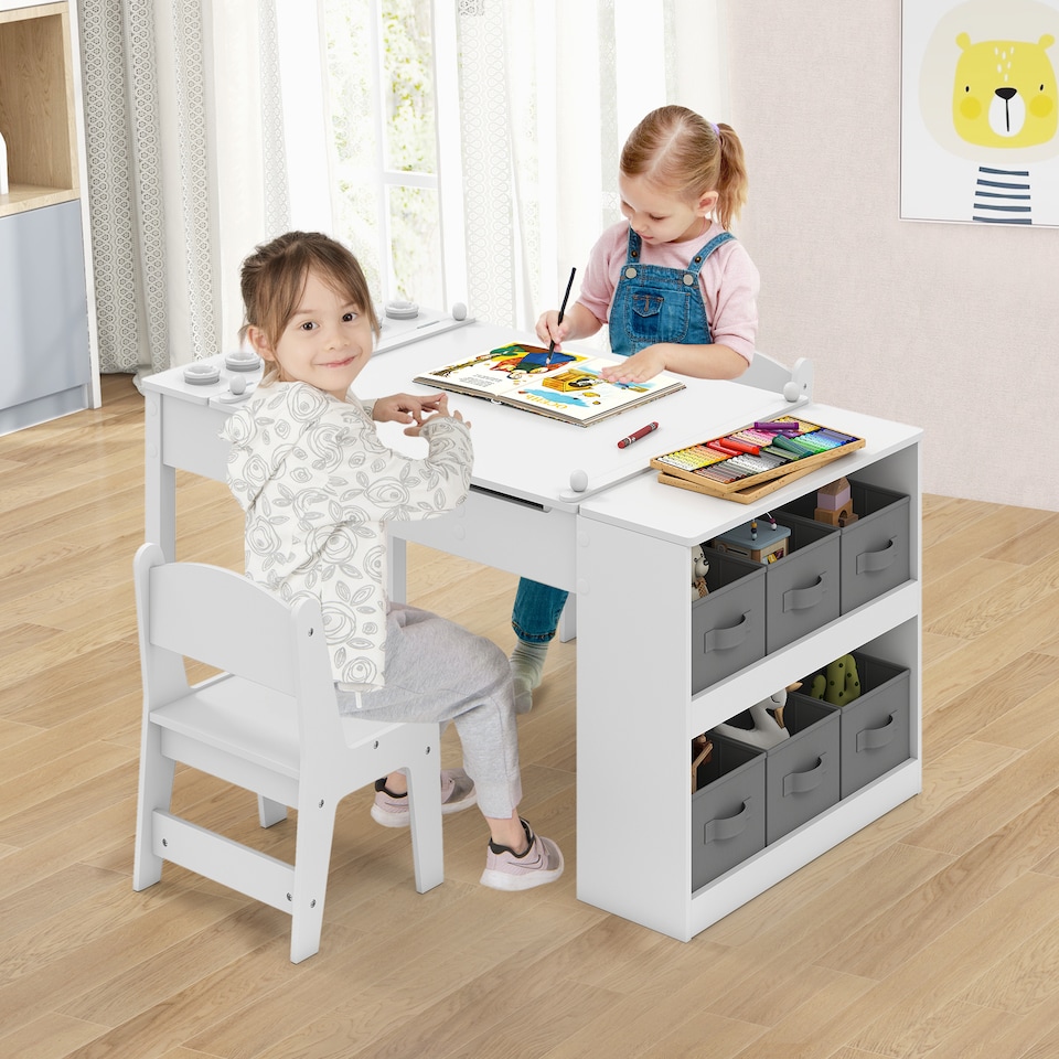 image 1 of COSTWAY 2-in-1 Kids Art Table and Easel Set White