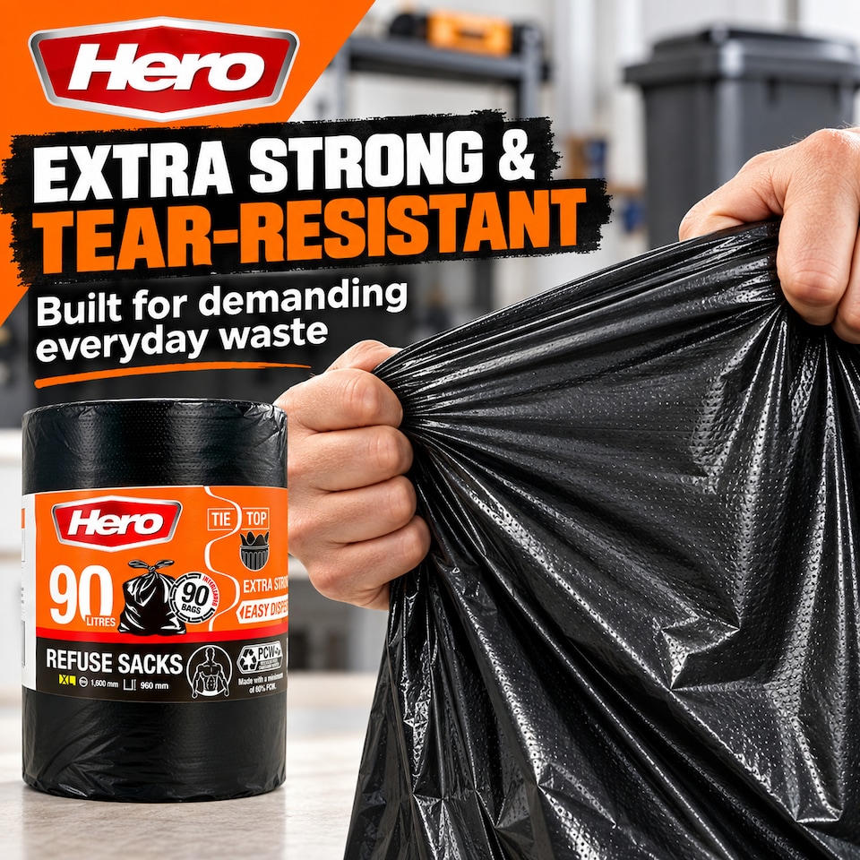 image 1 of Hero Extra Strong Black Bin Bags 90 Litre Pack of 90 Heavy Duty Refuse Sacks with Tie Top Handles  Brand