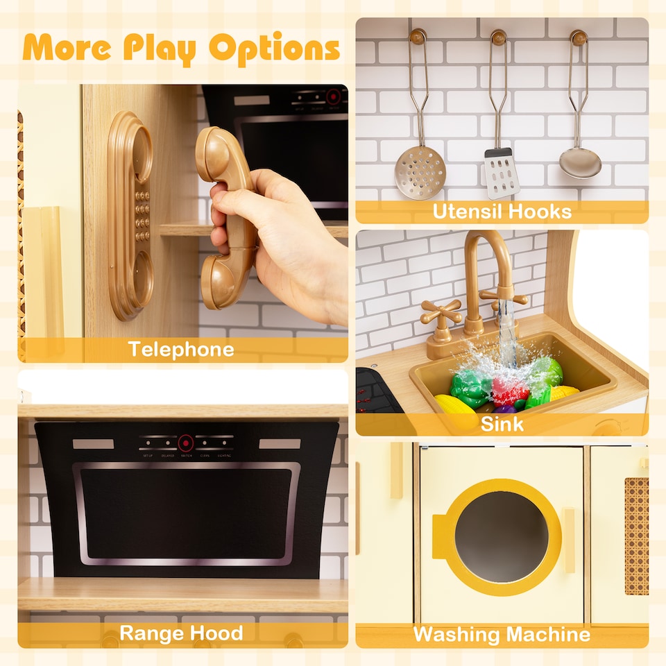 image 1 of COSTWAY Wooden Kids Kitchen Playset Pretend Play Kitchen Sounds Lights Yellow