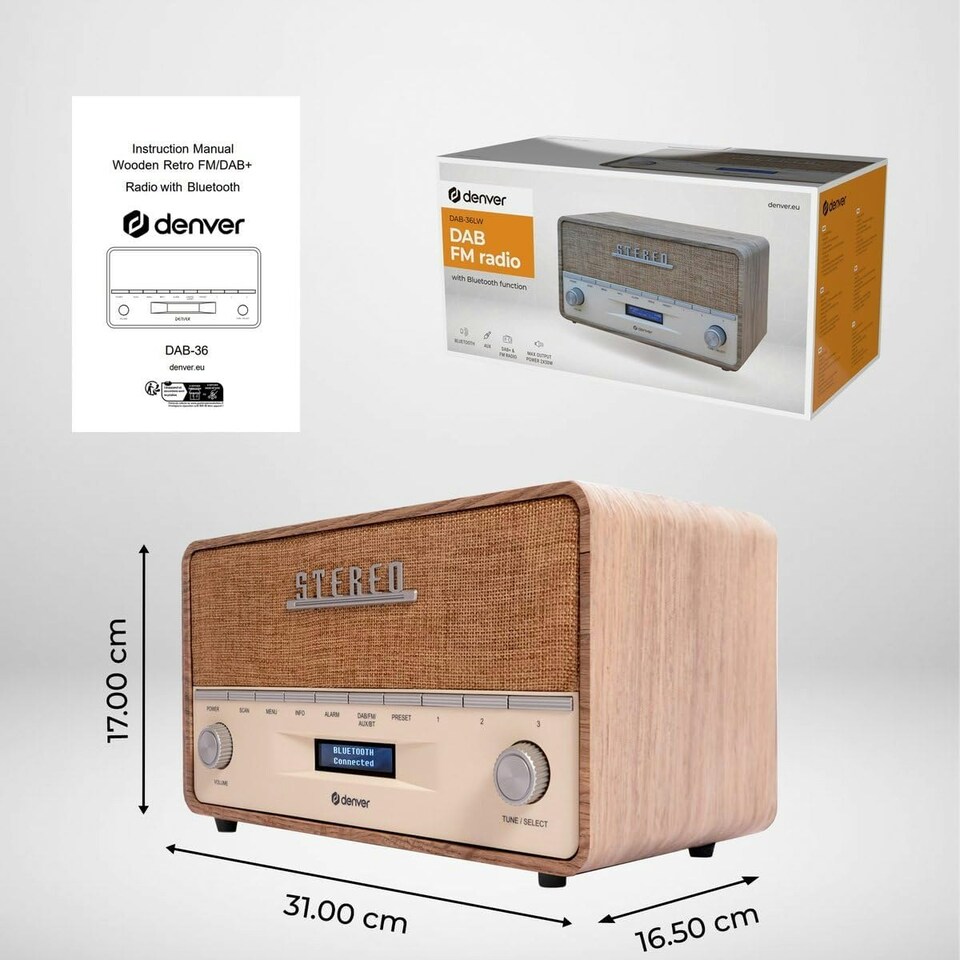 image 1 of Large Vintage Style DAB/DAB+ & FM Radio – Bluetooth – High Contrast Large Screen - AUX In – Clock & Dual Alarm – Dark Wood Cabinet – 2x5W – Mains or Battery