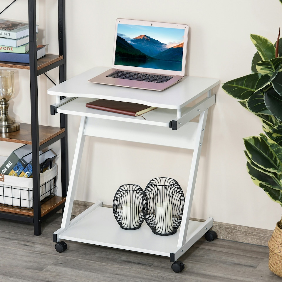 image 1 of HOMCOM Movable Computer Desk with 4 Moving Wheels Sliding Keyboard Tray White