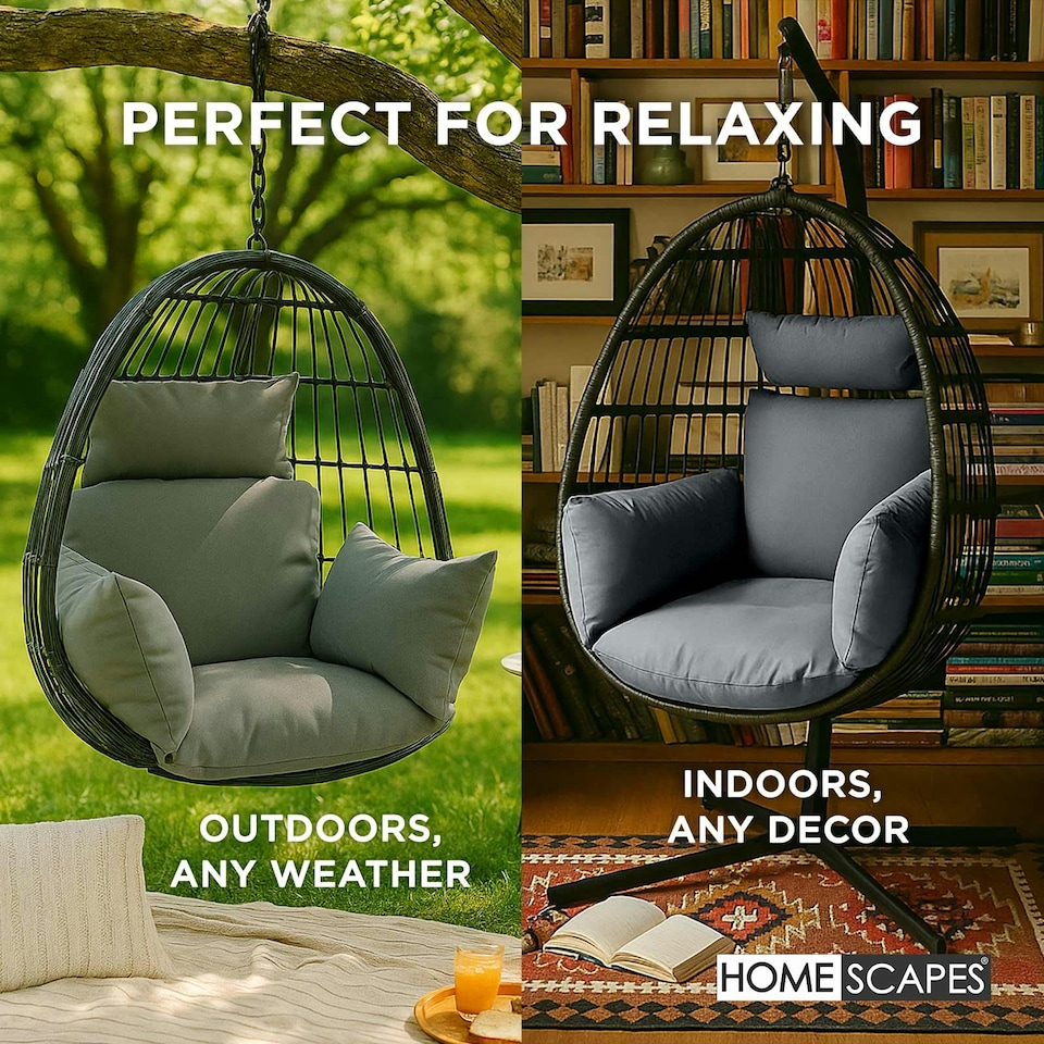 image 1 of Homescapes Luxury Waterproof Egg Chair Cushion With Headrest - Grey
