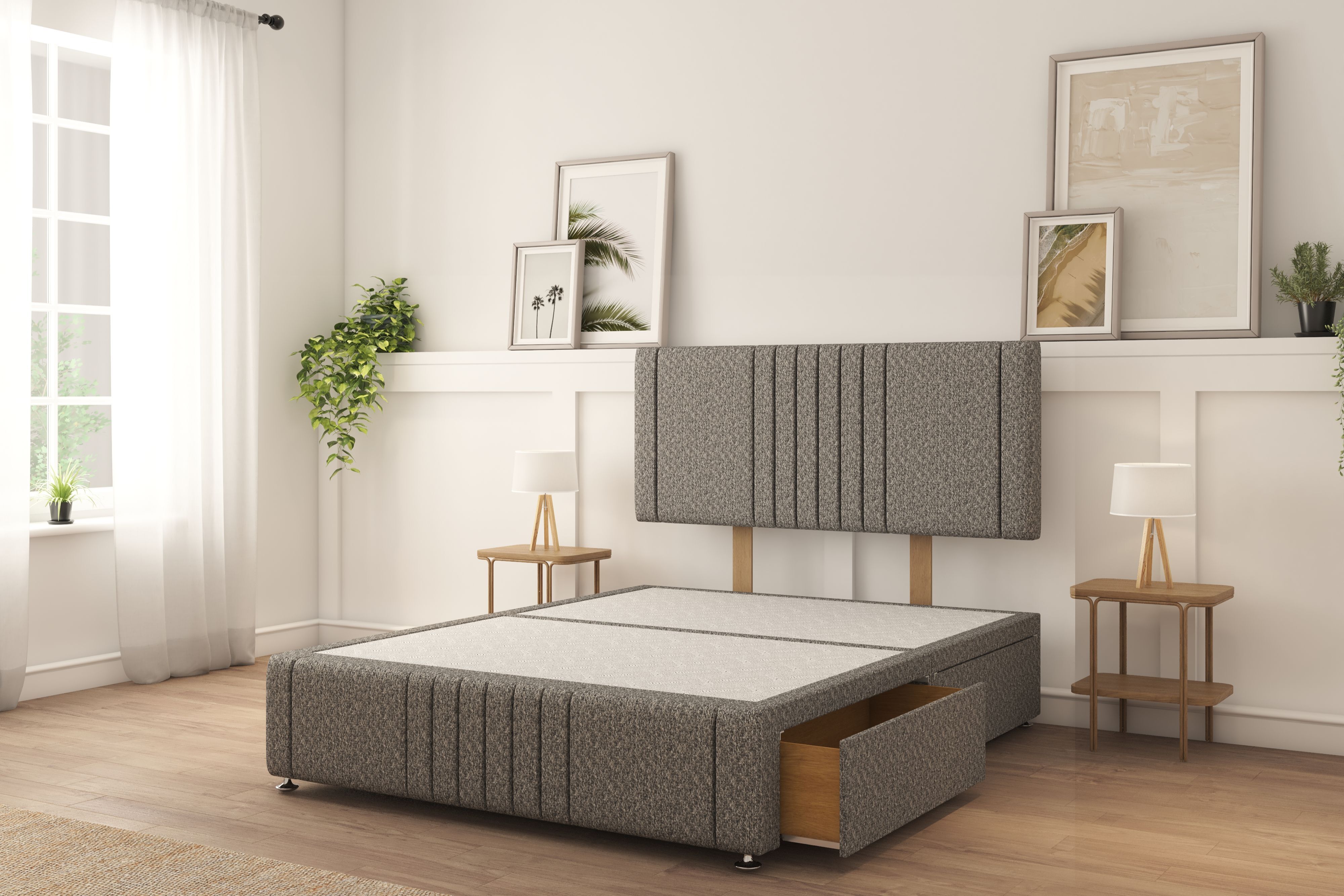 Sloomy Harrington Pewter Tweed Divan Bed Base 2 Drawers Right Side With 26" Strutted Headboard & 12" Footboard 4'6 Double