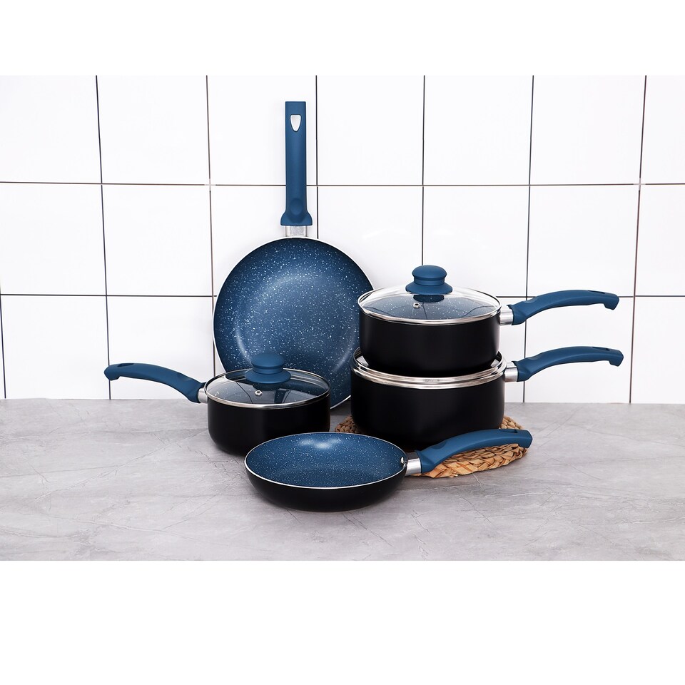 image 1 of Gr8 Home Blue Aluminium 8 Pc Marble Ceramic Non Stick Induction Frying Pan Saucepan Set