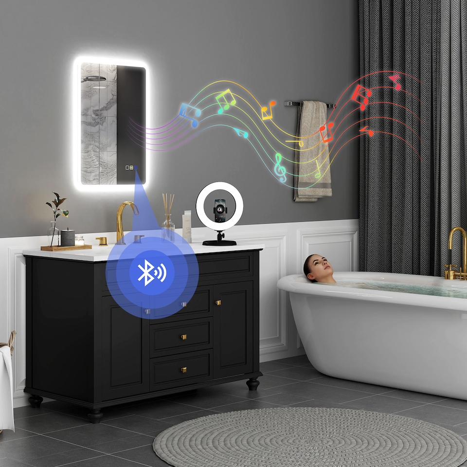 image 1 of HOMCOM 500 x 700 mm Backlit Illuminated Bathroom Mirror with LED Lights and Bluetooth, Wall Mounted Vanity Mirror with 3 Colours Dimmable, Anti-Fog, Memory Function, Touch Switch, IP44