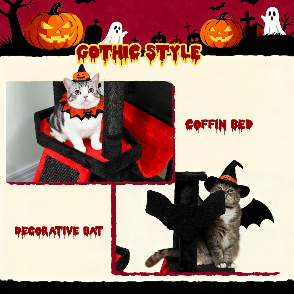 image 1 of PawHut 152cm Gothic Cat Tree for Halloween with Coffin Bed, Large Condo