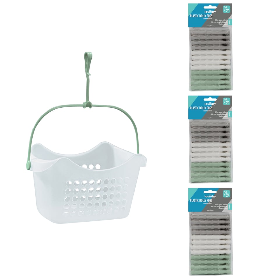 image 1 of JVL Peg Basket with 72 Plastic Dolly Clothes Pegs, Assorted Colours