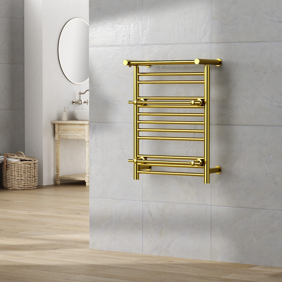 image 1 of 490mm x 680mm Shiny Gold Heated Towel Rail Radiator Top Shelf & Two Towel Holder OSLO For Bathroom & Kitchen Rag Storage Rack