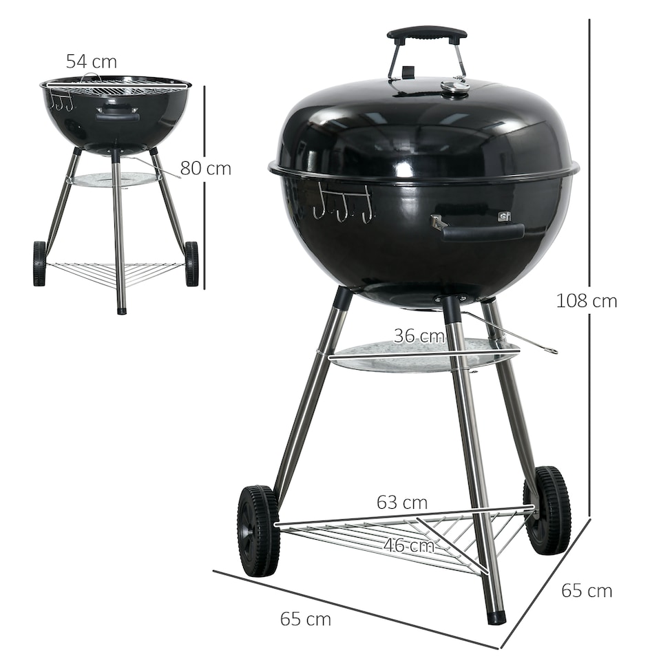 image 1 of Outsunny Portable Kettle Charcoal Grill BBQ Smoker w/ Cover, Lid, & Thermometer | Black | Black
