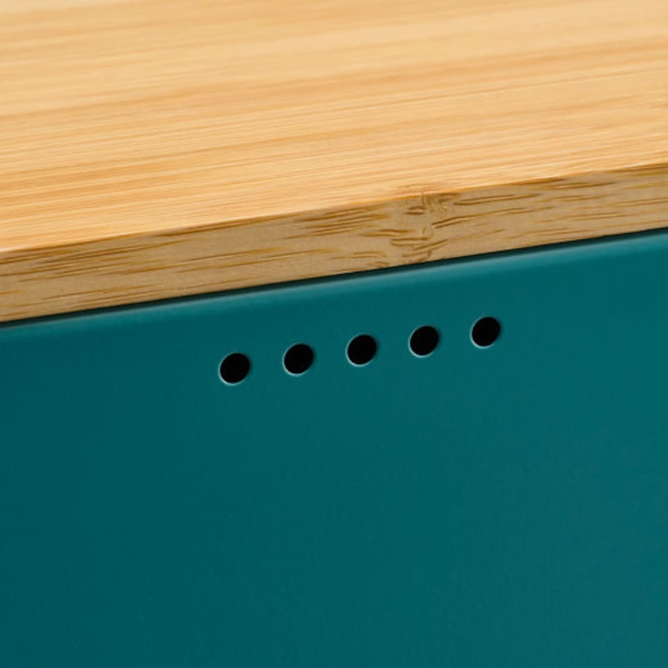 image 1 of Cooks Professional Diamond Pattern Bread Bin with Linen Bag & Bamboo Cutting Board Lid | Green | Teal | 1