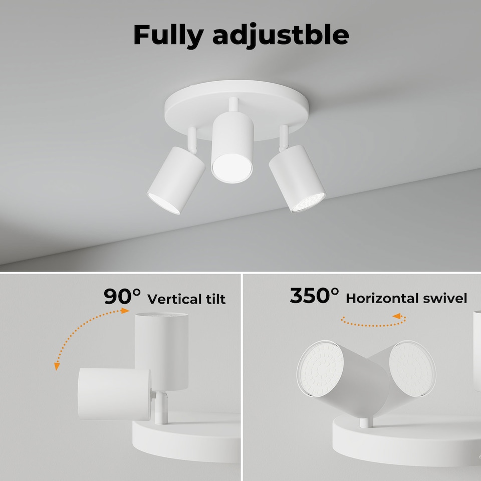 image 1 of EMITTO 3-Way Spotlight Ceiling Light Adjustable GU10 Modern White Round Base