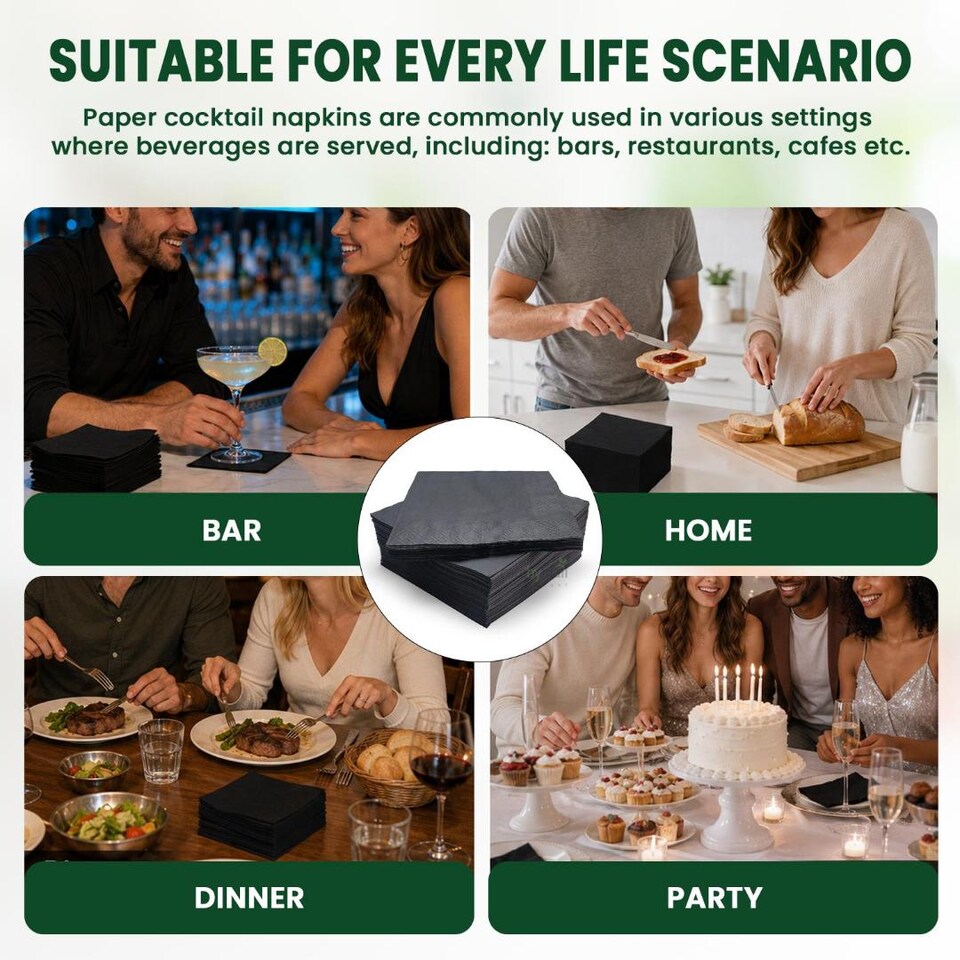 image 1 of ECONX Black 2 Ply 4 Fold Paper Napkins Tissue Serviettes for Birthdays Weddings Parties 2000PK
