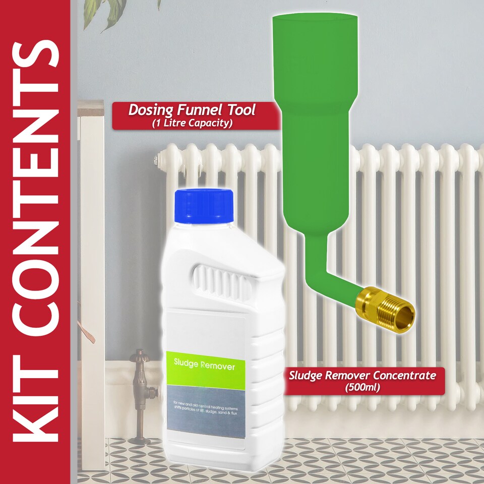 image 1 of SPARES2GO Central Heating Sludge Remover Concentrate Boiler Pipes Liquid (500ml Bottle) + Radiator Dosing Funnel Tool