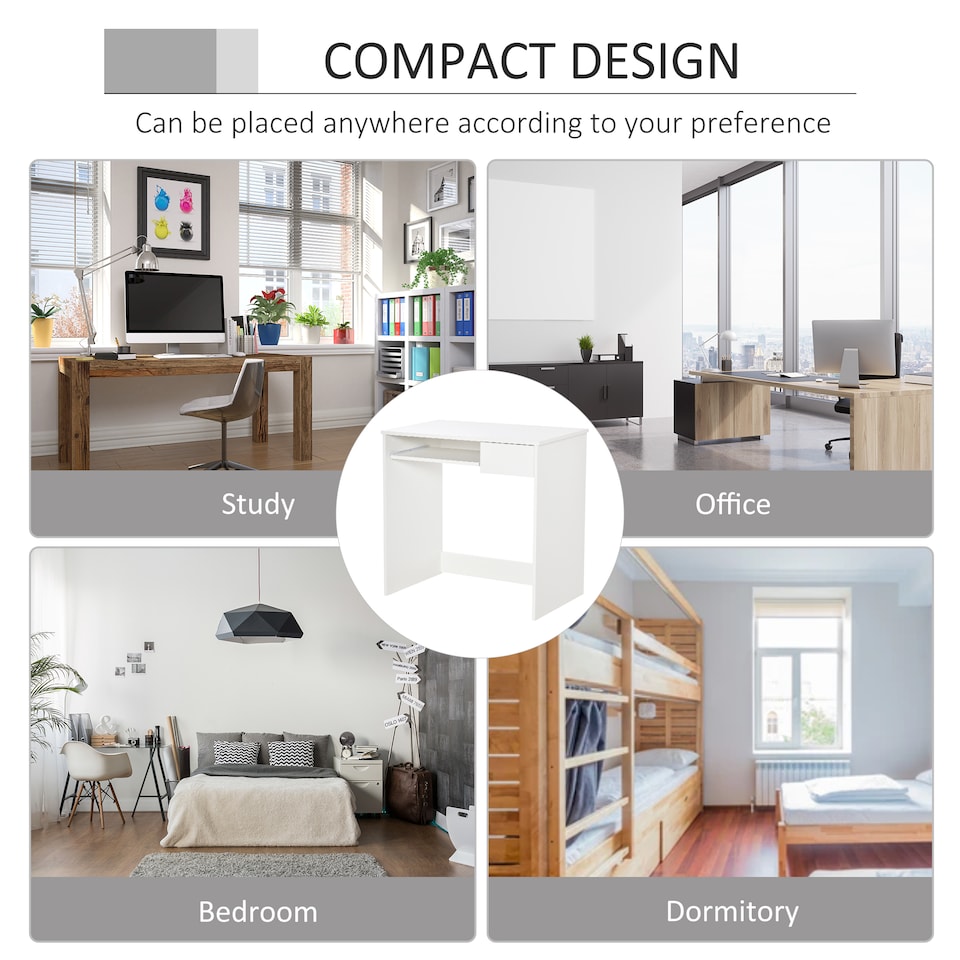 image 1 of HOMCOM 80cm Compact Computer Desk with Keyboard Tray, Home Office Desk with Drawer for Bedroom Study, White