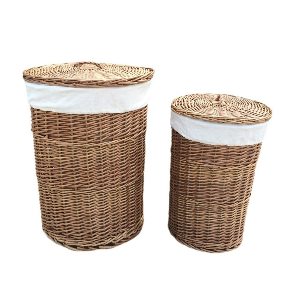 image 1 of Set of 2 Light Steamed Round Laundry Baskets with White Lining | White | White