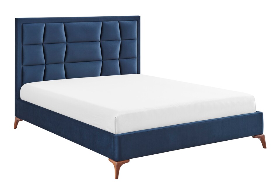 image 1 of 4ft6 Double Blue,Tall Headend Headboard Soft Velvet Fabric Upholstered Bed Frame | Blue | Navy Blue | Double