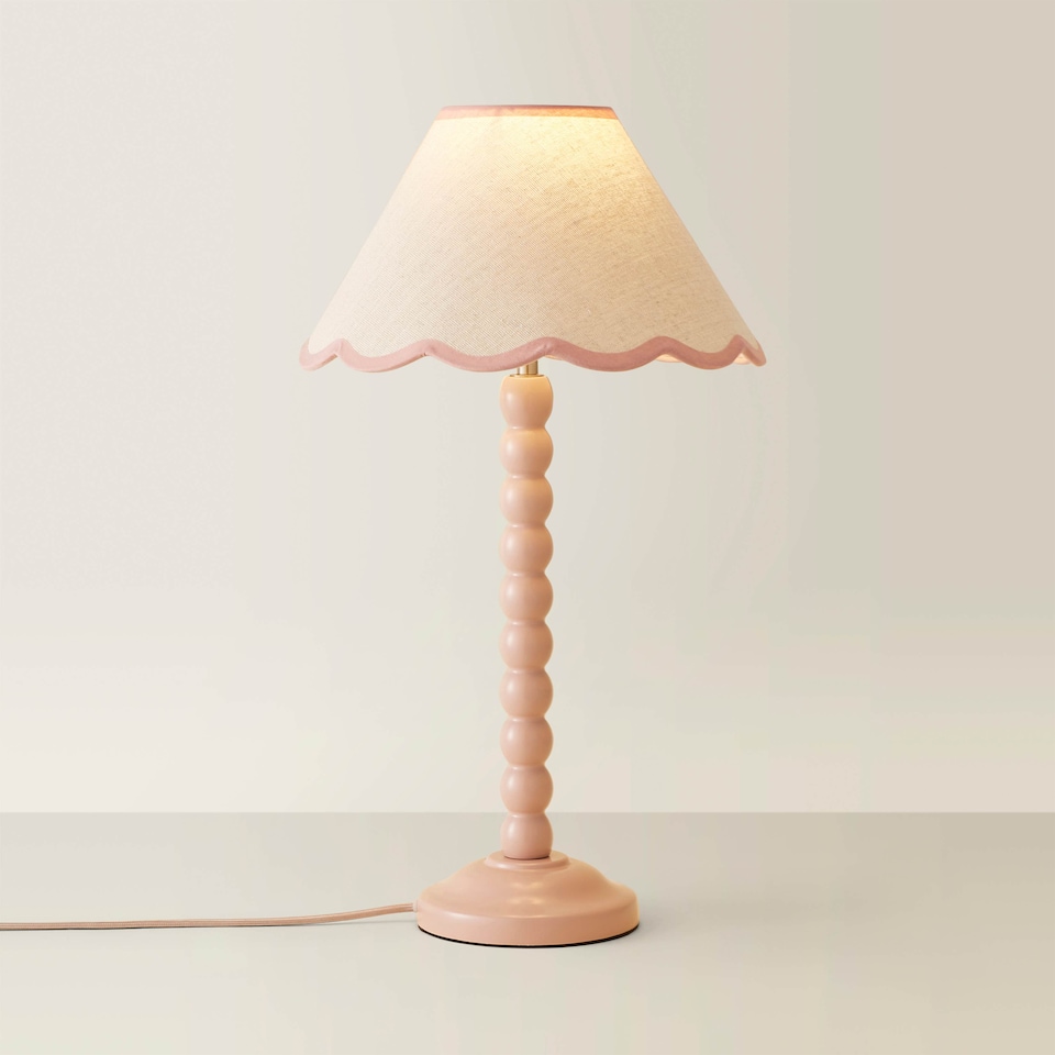 image 1 of ValueLights Bobbles Rose Pink Table Lamp Pink Trim Scallop Shade | Pink