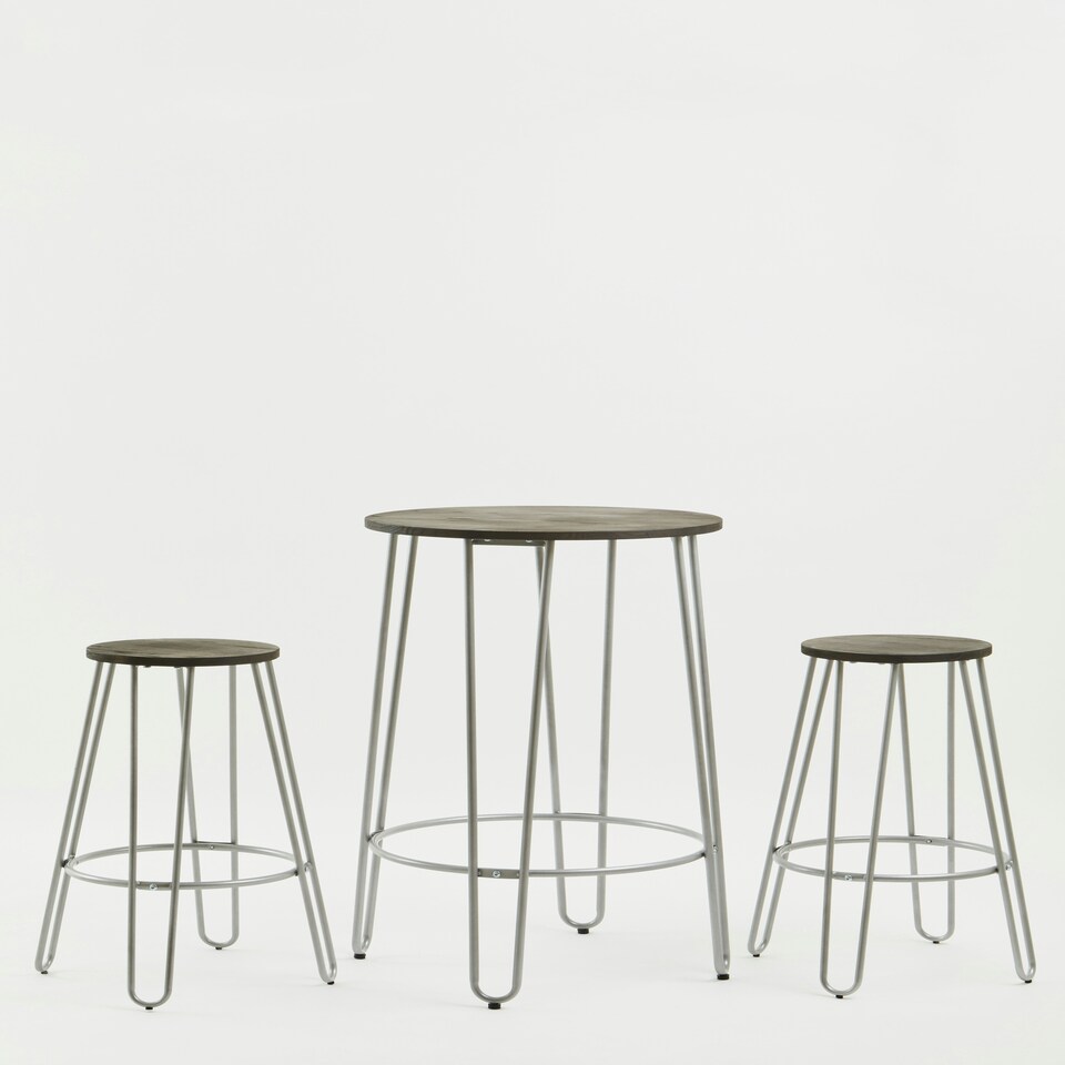 image 1 of Interiors by Premier Set of 3 Silver Frame Bar Table Stool Set , Hairpin Stool for Kitchen Counter, Elm Wood Metal Frame Stool