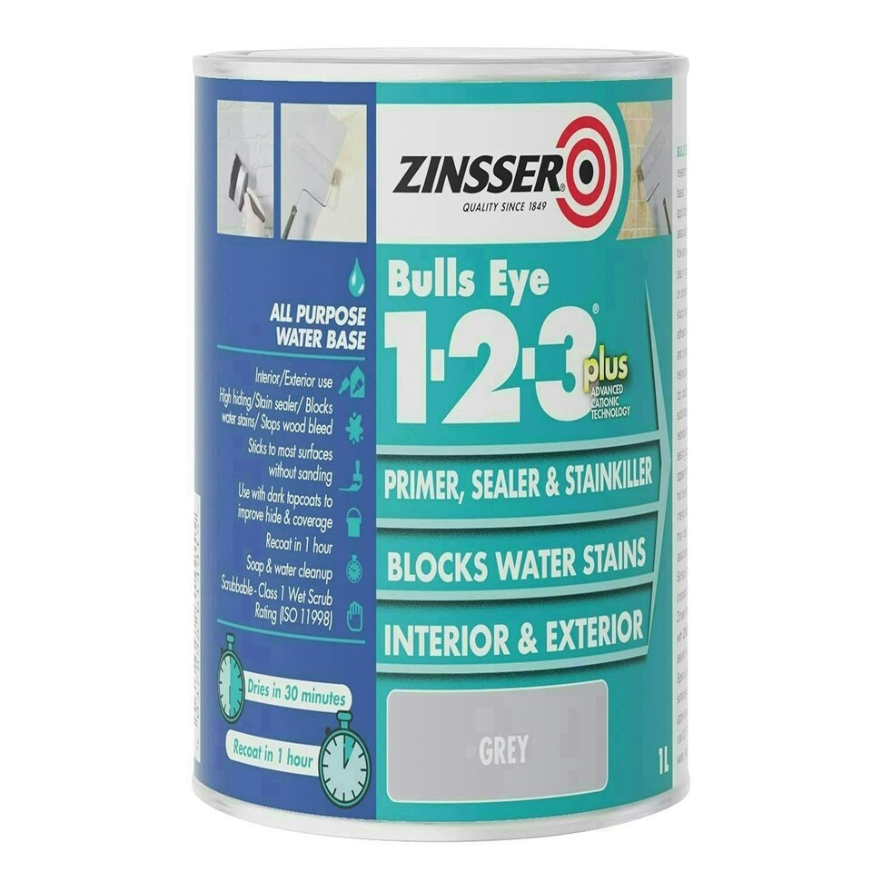 Bulls Eye 1-2-3 Plus Primer, Sealer & Stain Killer Grey 1 litre - ZINBE123PG1L