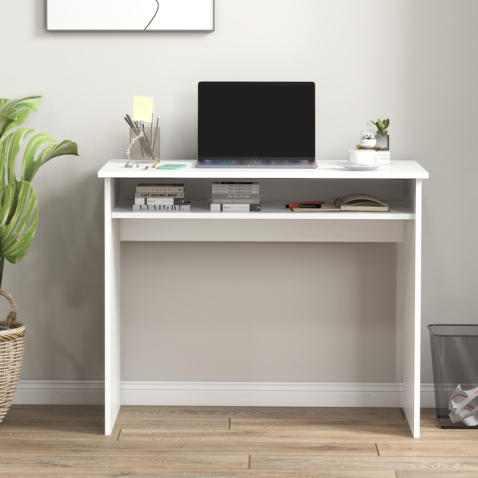 image 1 of HOMCOM Modern Computer Desk, Home Office Table, Small Writing Desk with Storage Shelf, 90 x 50cm, White Wood Grain