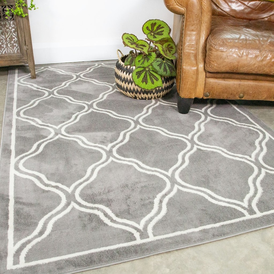 image 1 of KUKOON Grey Modern Trellis Bordered Living Area Rug 120cm x 170cm | Grey