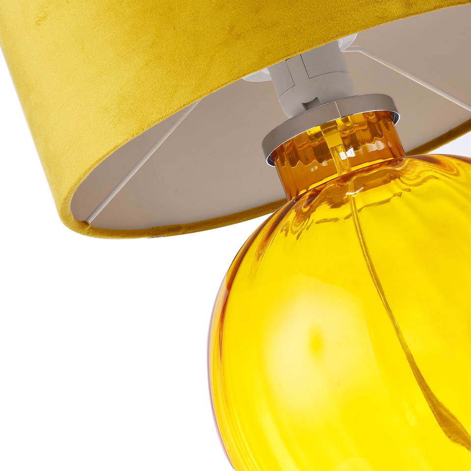 image 1 of Contemporary Ochre Ribbed Glass Table Lamp with Soft Velvet Mustard Shade | Yellow