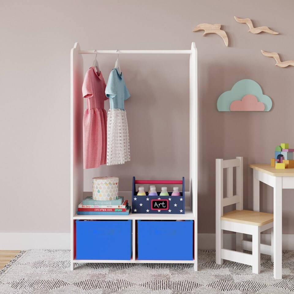 image 1 of Kids MDF Wooden Hanging Clothes Rail Wardrobe Storage Shelves with Inserts Mirror | Blue | Dark Blue