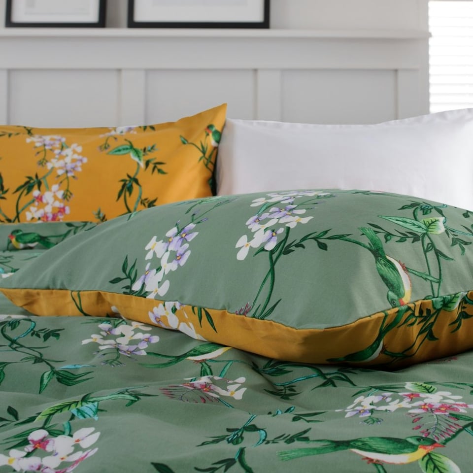image 1 of Bird Garden Sage & Gold 200 Thread Count Duvet Cover Set - Decorative Animal and Floral Bedding Design Green | Sage & Gold | Double