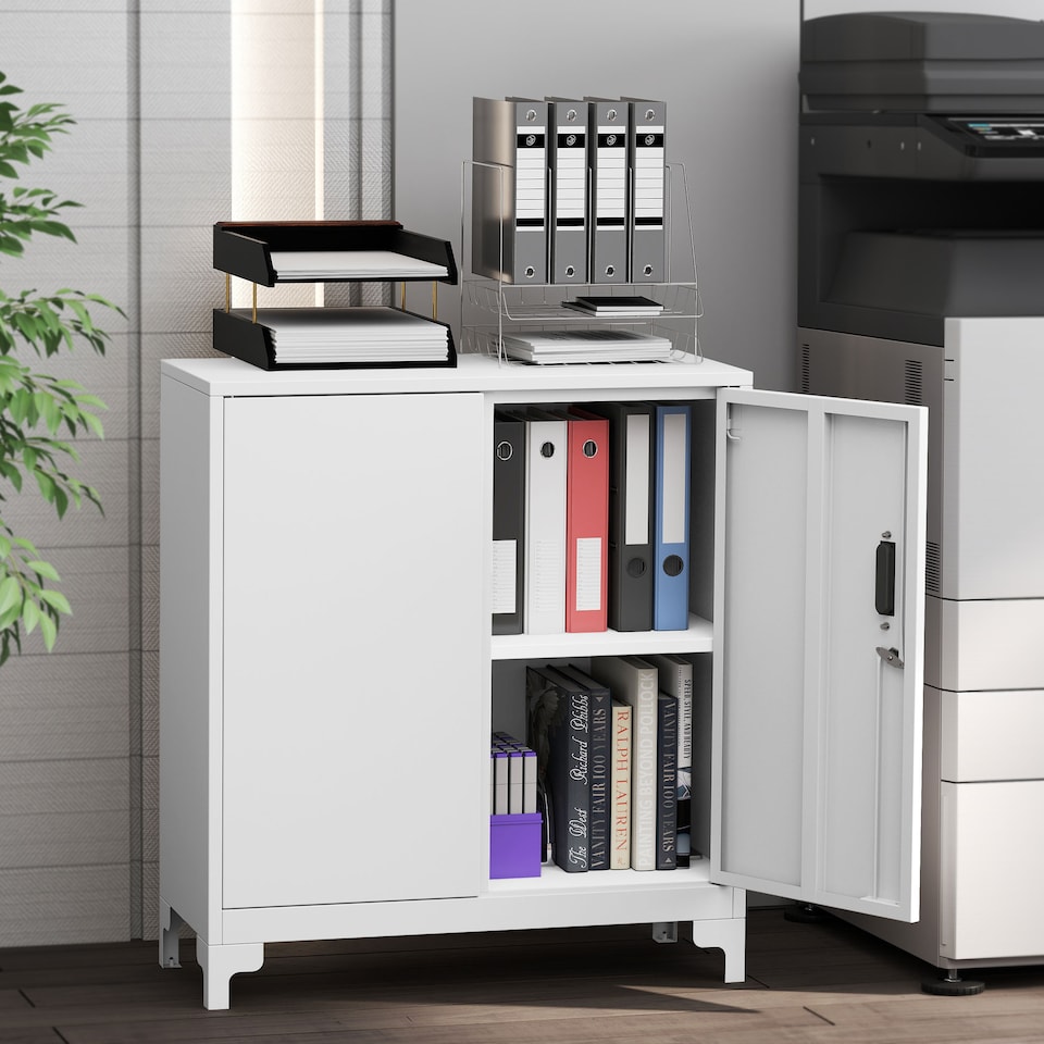 image 1 of HOMCOM Lockable Metal Filing Cabinet, 2-Tier Storage Cupboard | White | White | 80 x 35 x 91 cm
