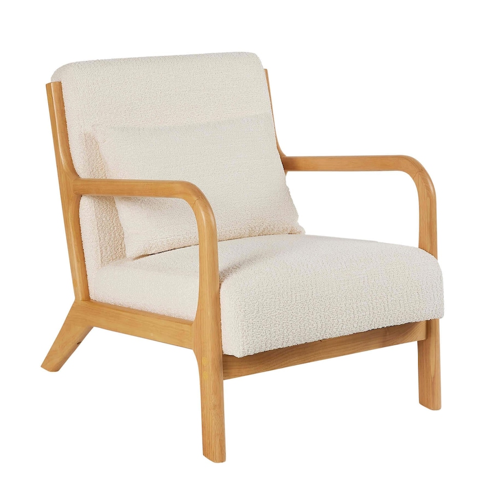 image 1 of Boucle Wooden Armchair Teddy Fur Cream Modern Home Chair Furniture Seating
