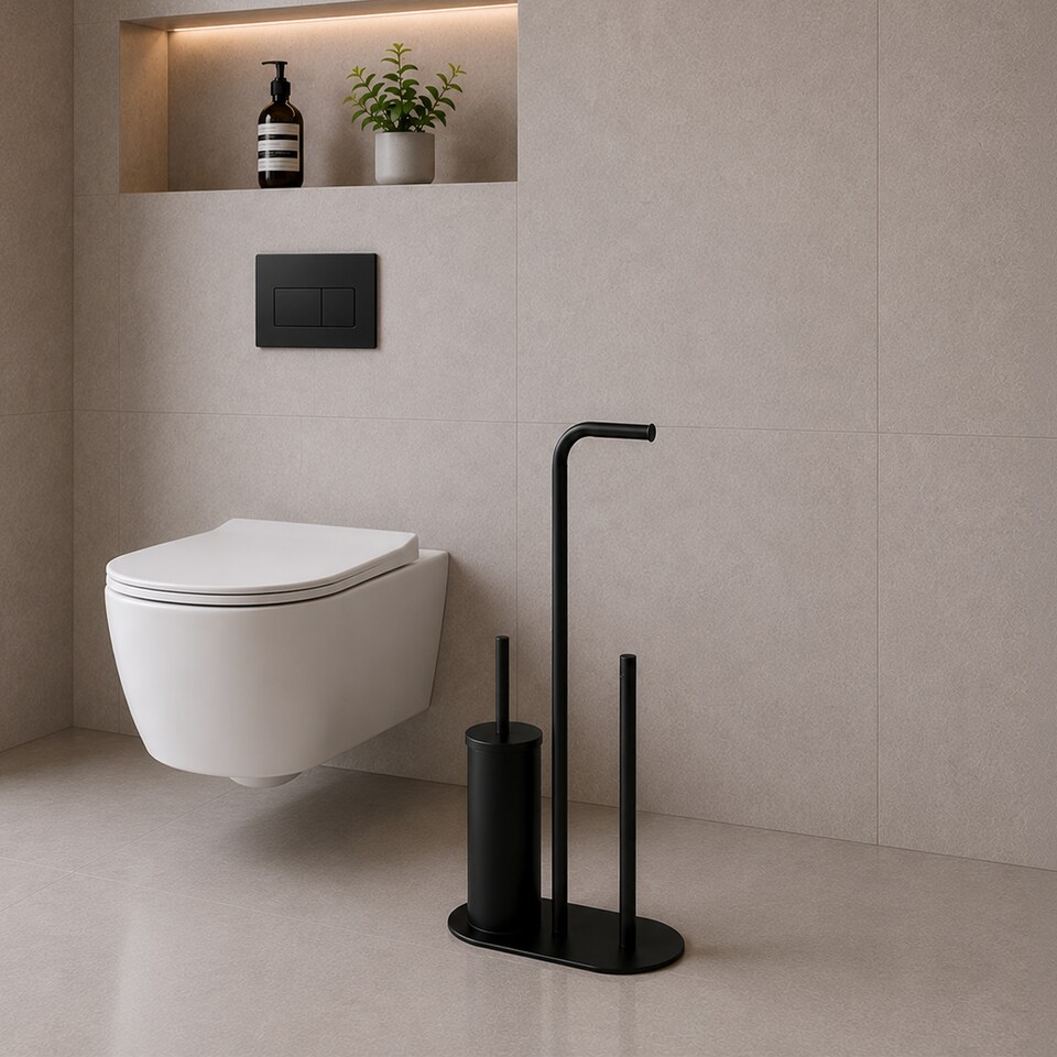 image 1 of Showerdrape Aspen Black 3 in 1 Toilet Roll & Brush Combo | Black | Black | 1