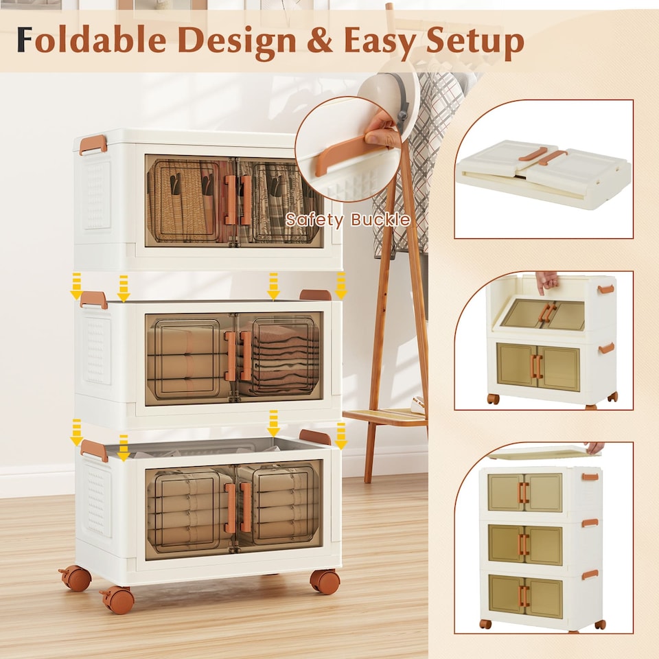 image 1 of COSTWAY 3-Pack Stackable Plastic Storage Boxes 57L Collapsible Storage Bins