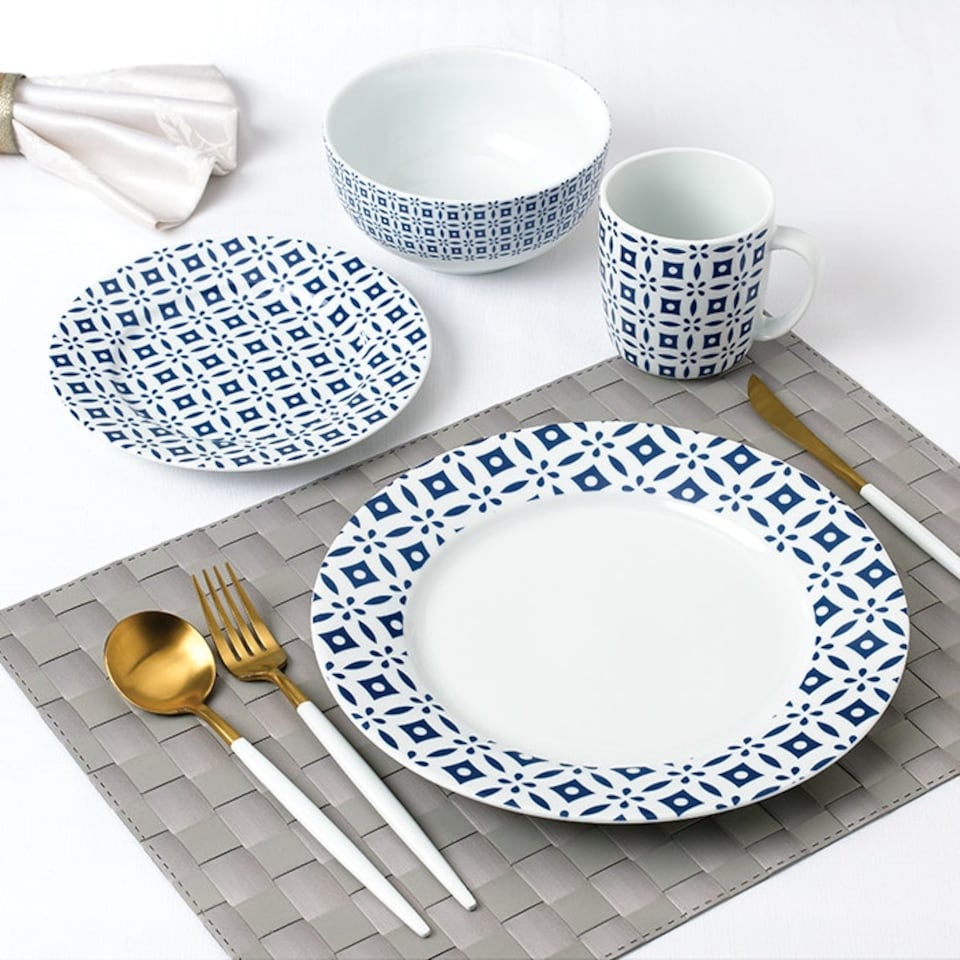 image 1 of 16pc Blue Geo Dinner Set