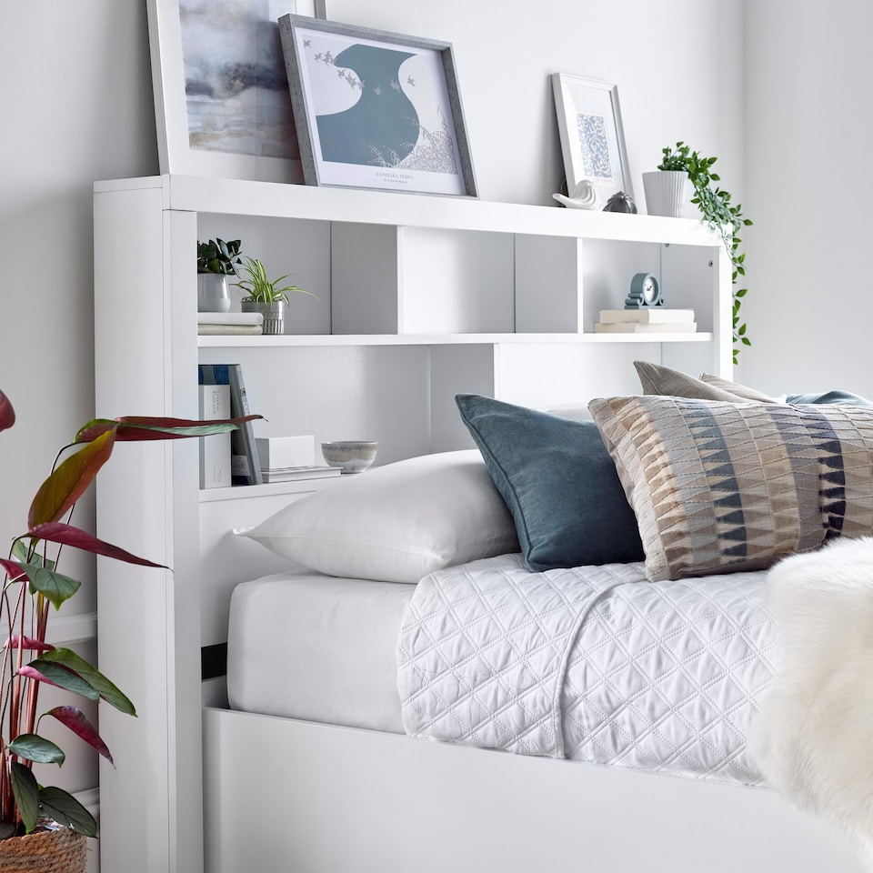 image 1 of Arizona White Wooden Bookcase Ottoman Storage Bed And Memory Maestro Memory Foam Mattress King Size | White
