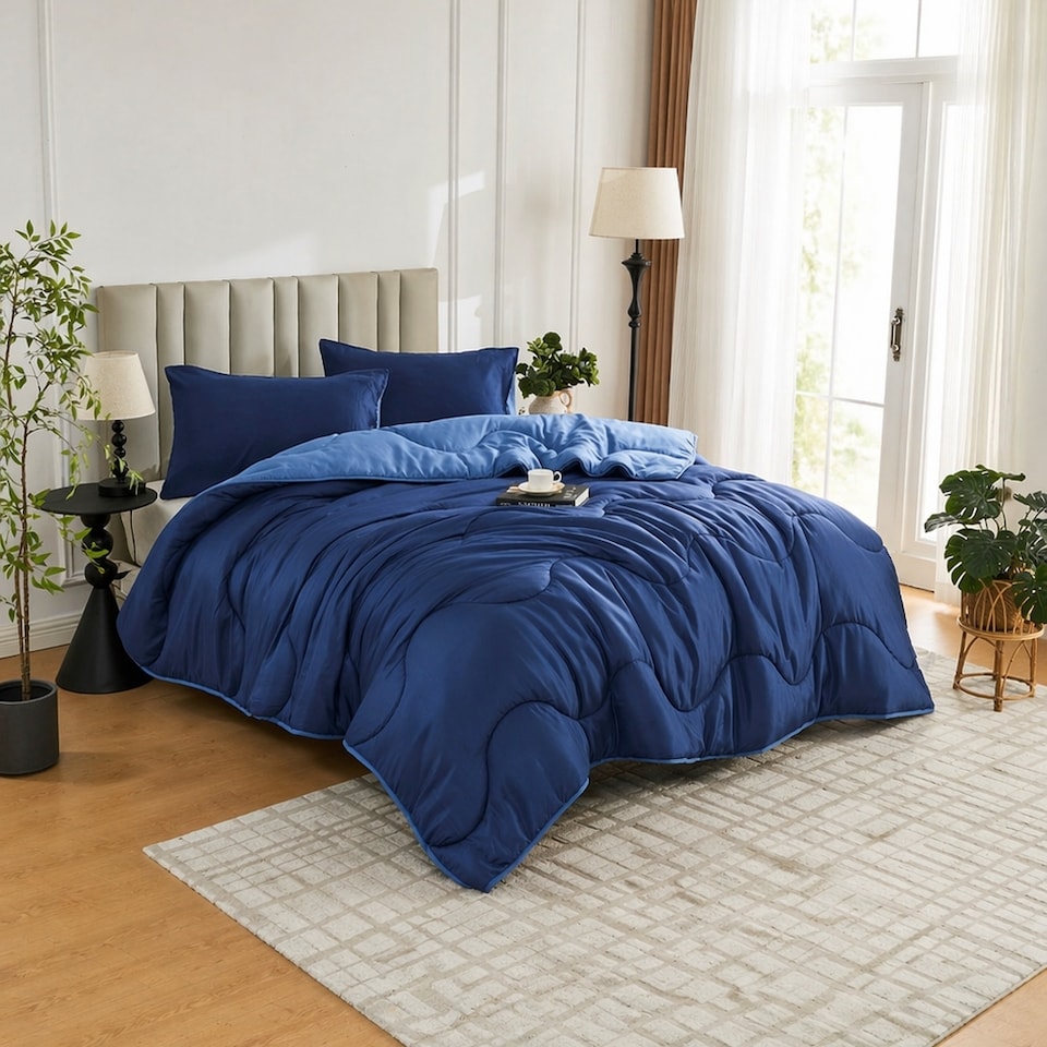 image 1 of 10.5 Tog Supersoft Microfibre Duvet with Pillowcases – Coverless or Use with Duvet Cover | Blue | Navy/Light Blue | Single