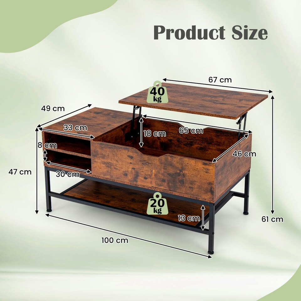 image 1 of COSTWAY Lift Top Coffee Table w/ Storage Shelf Coffee Brown